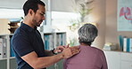 Back pain, physiotherapy and consulting with man in office for rehabilitation, orthopedic advice or spinal injury. Healthcare, wellness and medical with senior patient for muscle recovery and healing