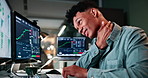Office, night and businessman with neck pain for bad posture, burnout and overtime at trading company. Business, investor and computer with graphs for cryptocurrency, investment and workplace injury