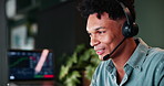 Man, trading call centre and talking in office, financial advisor and customer support for crypto. Male person, speaking and computer for online faq chat in workplace, stock market and consultation