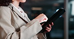 Hands, night and woman with tablet, business and typing for connection, internet and digital app. Person, closeup and professional with tech, evening or communication with network for software update