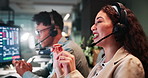 Woman, man and happy for talk in call center, night and contact us for trading, advice and info. Person, consultant or agent at help desk with voip, tech support or customer care at investment agency