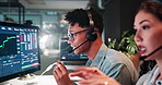 Man, woman and talk for trading in call center, team and feedback at night, advice and info. Person, consultant and agent at help desk with voip, tech support and review graphs at investment agency