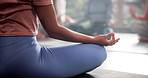 Yoga, hands and instructor with namaste meditation in studio for holistic wellness, mindfulness and spiritual healing on floor. People, woman and lotus for mental health balance, peaceful and fitness