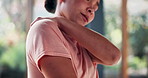 Yoga, stretching and hands of woman with shoulder pain with injury, medical risk and accident for workout. Exercise, fitness and person with inflammation, tension or muscle strain for wellness