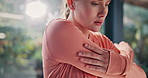 Exercise, stretching and woman with shoulder pain for yoga workout with injury, medical risk and accident. Fitness, wellness and person with inflammation, tension and muscle strain for body health