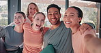 Happy people, yoga and friends with selfie for memory, photography or fitness together at gym. Portrait, young and yogi group with smile or mat for picture, exercise or workout moment at health club