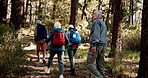 Back, senior or friends on trail hiking outdoor adventure or journey for travel in nature or forest. Group, exercise and elderly people in woods for holiday retirement, walking or trekking to explore