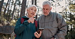 Senior couple, phone and hiking with point, location or search for path, landmark and talking in forest. Mature man, woman and trekking with smartphone, lost and check digital map on app in Italy