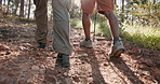 Back view, legs or couple hiking in forest for outdoor adventure or journey for travel in nature or woods. Stick, people or walking on path for exercise, holiday vacation trip or trekking to explore