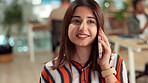 Design, happy and phone call with woman in web development office for chat or conversation. Communication, negotiation and smile with designer in creative workplace for mobile networking or planning