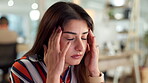 Headache, woman or tired in office for finance, company debt and burnout in business. Female administrator, frustrated or anxiety in workplace for budget crisis, stress or massage temples for relief