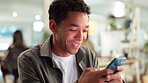 Face, phone and smile with business man in creative workplace for communication or design. App, networking and social media with web development employee laughing in office for internet research