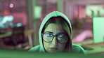 Hacking, business and woman in information technology with computer for cyber crime, system and fraud. Office, hacker and theft with malware attack for unauthorised, server access and network breach