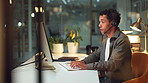 Businessman, office and computer with typing, email or communication as trader in investment bank. Male person, tech and microphone on stock market for economy as professional for company as advisory