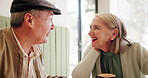 Happy, talking and mature couple at coffee shop for bonding, conversation and relax together. Retirement, marriage and elderly man and woman in restaurant, cafe or diner for breakfast in morning