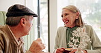 Senior couple, happy and conversation at coffee shop with drink, memory and discussion on date in morning. Elderly woman, old man and smile with chat, nostalgia and laugh at comic joke at cafeteria