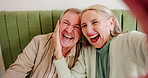 Happy senior couple, selfie and hug with love for photography, picture or memory at indoor cafe. Portrait, elderly man and woman with smile in joy for fun moment, date or anniversary at restaurant