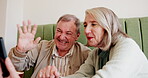 Senior couple, phone and video call in cafe for wave, marriage and conversation together with hello. Elderly people, mobile and greeting in restaurant for relax, relationship and talking with bonding