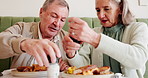 Happy, breakfast and senior couple at coffee shop for bonding, conversation and relax together. Retirement, marriage and elderly man and woman in restaurant, cafe and diner with food in morning