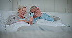 Mature couple, bed and phone with video call, morning and wave with commitment and chat. Talking, social media and home with digital discussion together in bedroom with happy people and love