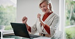 Winning, happy and mature woman on laptop in home for retirement bonus, payment and investment. Fist pump, finance and senior person on computer for loan application, success and savings in house