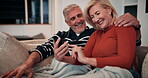 Relax, phone and happy with old couple on sofa for communication, retirement planning and anniversary getaway. Technology, web search and post with senior man and woman at home for resort booking