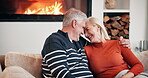 Love, relax and smile with old couple on sofa for romance, retirement and marriage milestone. Happiness, calm and commitment with senior man and woman in living room of home for peace and trust