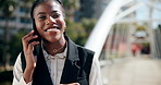 Smile, phone call and black woman in city for business, planning and real estate agent at office park. Discussion, businesswoman or realtor laughing with smartphone networking for urban development.