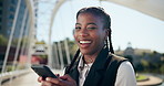 Wink, smartphone and face of black woman in city for business, planning and real estate agent in park. Smile, businesswoman or realtor typing with phone, confidence and contact for urban development