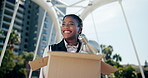 Business woman, box and smile for new job in city with documents, excited and vision for future career. African person, happy and low angle with cardboard package with paperwork on bridge in Kenya