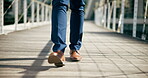 Feet, walking and journey with business person in city for travel, morning routine and hustle. Urban, professional and step with shoes of employee in outdoors commute for mission and resilience
