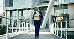 City, success and business black man with box happy for interview, opportunity and onboarding. Corporate, professional promotion and person in town for recruitment, hiring and first day at office