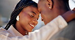 Love, black couple and smile with dancing outdoor for favorite song, radio playlist and bonding in nature. Dancer, people and moving with affection on anniversary date, summer romance and lens flare