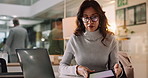 Laptop, tablet and business woman check email, research or proofreading project for publication in creative startup. Journalist, computer or writing news, blog or editing review on deadline at night