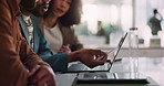 Tech, meeting and hands of people in office for discussion, business finances and brainstorming. Team, devices and talking at table for planning, feedback or proposal for company growth in board room