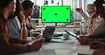 Business people, meeting or discussion with green screen for video conference or webinar at office. Group, employees or chromakey display with tracking markers or mockup space for online presentation