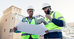 Construction, tablet and blueprint with people in city for project management, digital inspection and planning. Architecture, technology and structural design with contractor for urban development 