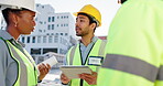 Engineering, tablet and teamwork with group of people in city for project management, digital blueprint and planning. Architecture, technology and design with contractor for urban development 