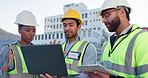 Business people, engineer and team with laptop in city for architecture, building or construction on rooftop. Young group, contractors or architects with computer for discussion on infrastructure