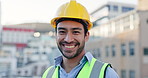 Happy, asian man and civil engineer with helmet in city or confidence for construction, building or architecture on roof. Portrait, male person or architect with smile, hard hat or safety in Malaysia