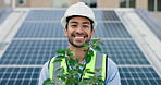 Happy, asian man and engineer with plant or solar panel for eco friendly environment, sustainable future or city. Portrait, young contractor or male person with smile for renewable energy in Malaysia