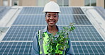 Happy, black woman and engineer with plant or solar panel for eco friendly environment or sustainable future in city. Portrait, young African or female person with smile or renewable energy in Brazil