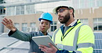 Construction worker, tablet and people with planning and teamwork on rooftop for contractor installation. Management, engineering and development with tech and system inspection for safety in city