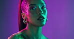 Face, girl and beauty with pride neon background for glamour makeup, aesthetic glow and luxury style. Confident, woman and cosmetics with creative skincare, shine and jewellery of lighting design