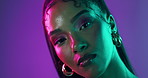 Neon lights, makeup and face of woman with glow in studio with beauty, creativity and vibrant color. Cosmetics, jewelry and portrait of model from Cuba with art self expression by purple background.