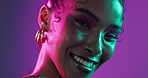 Woman, face and beauty with neon in studio for glamour makeup, aesthetic glow and luxury clothes of cosmetics. Smile, female person and pride with creative shine, jewellery and hairstyle for lighting