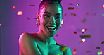 Confetti, face and happy woman celebrate beauty, new year or holiday isolated on studio background. Skincare, makeup or glitter of model with cosmetics for glow, shine or excited at party in portrait