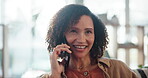 Woman, happy and phone call in house for communication, relax and social connection on weekend on sofa. Female person, laugh and mobile conversation in living room for gossip, news and funny story