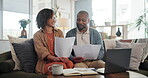 Happy couple, paper and discussion in home for budget, finance planning or bank statement on sofa. Man, woman or talking in living room with documents, insurance comparison or laptop for investment