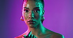 Neon lights, makeup and face of woman in studio with beauty, creativity and vibrant color. Cosmetics, jewelry and portrait of female model from Cuba with art self expression by purple background.